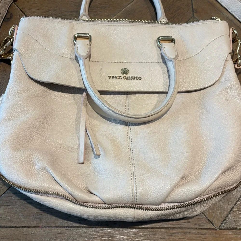 Vince Camuto Dean Beige Leather 2 Handle Satchel-Crossbody Zip Around Expandable - Picture 2 of 13